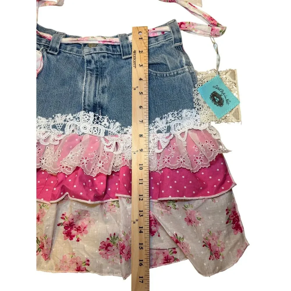 Sweet Robin's Nest Upcycled Denim Ruffle Apron Skirt Floral Lace Pink Blue NWT